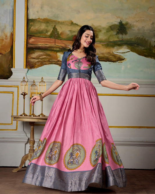 Pink Color Dola Silk Kalamkari Gown With koti
