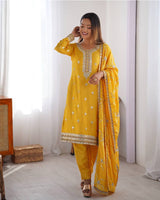 Yellow Color Chinon Silk Embroidered Three Piece Kurti Suit
