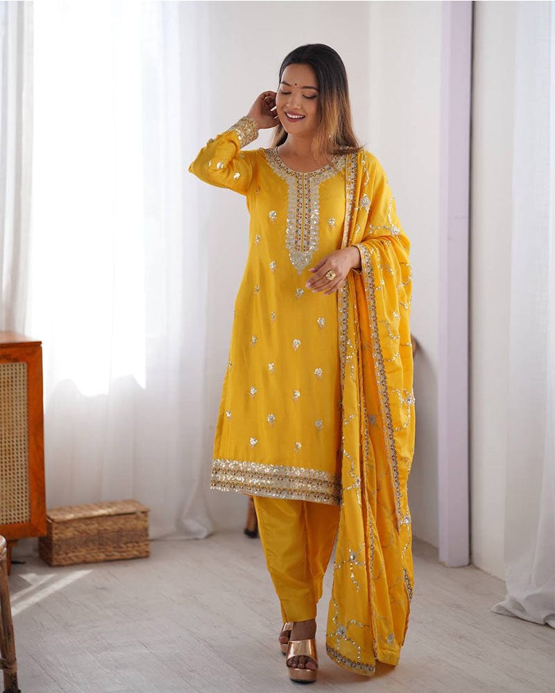 Yellow Color Chinon Silk Embroidered Three Piece Kurti Suit