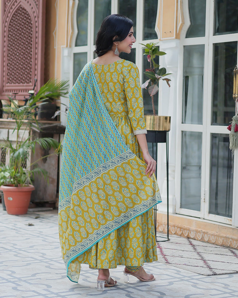 Lime Green Color Printed Pure Cotton Three Piece Kurti Suit