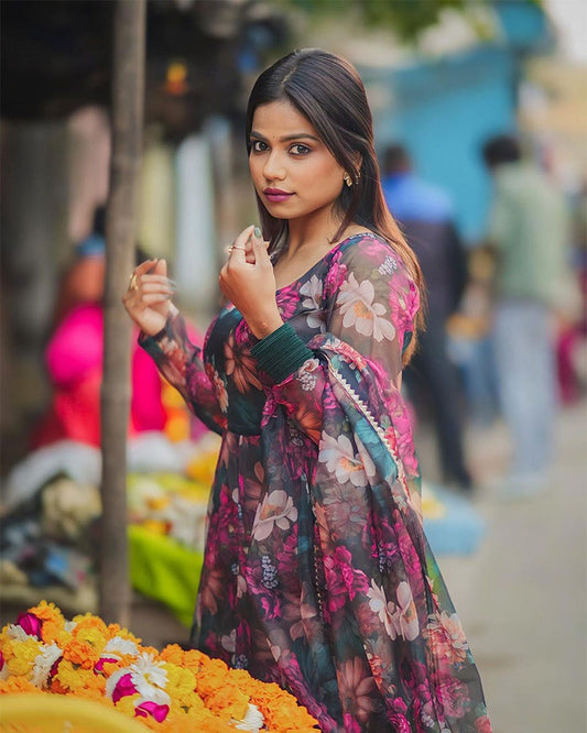 Rugee In Our Floral Print Organza Black Color Three Piece Anarkali Suit