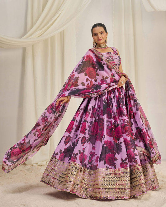 Purple And Pink Color Floral Printed Organza Lehenga Choli