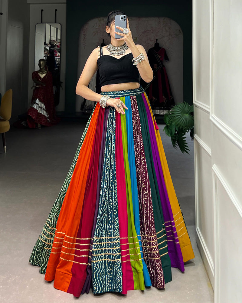 Multi Color Pure Rayon Navratri Lehenga With Black Choli