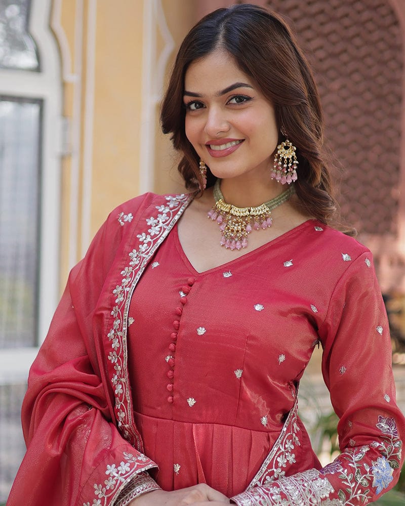 Tomato Color Embroidered Viscose Cosmos Gown With Dupatta