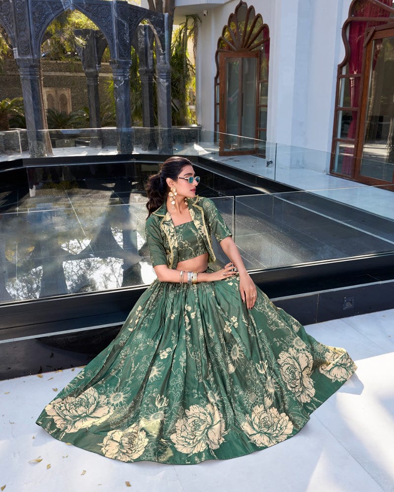 Bottle Green Color Tussar Silk Lehenga Choli With koti