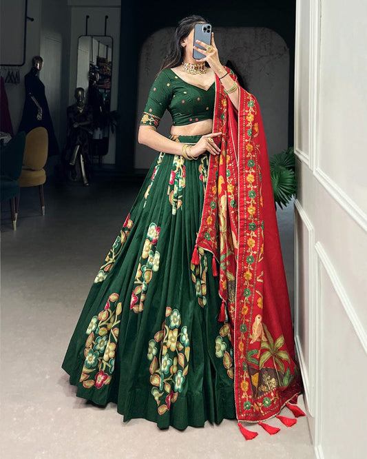 Green Color Tussar Silk Printed With Foil Work Lehenga Choli