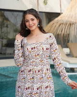 Off-White Color Cotton Printed Ruffle Style Gown