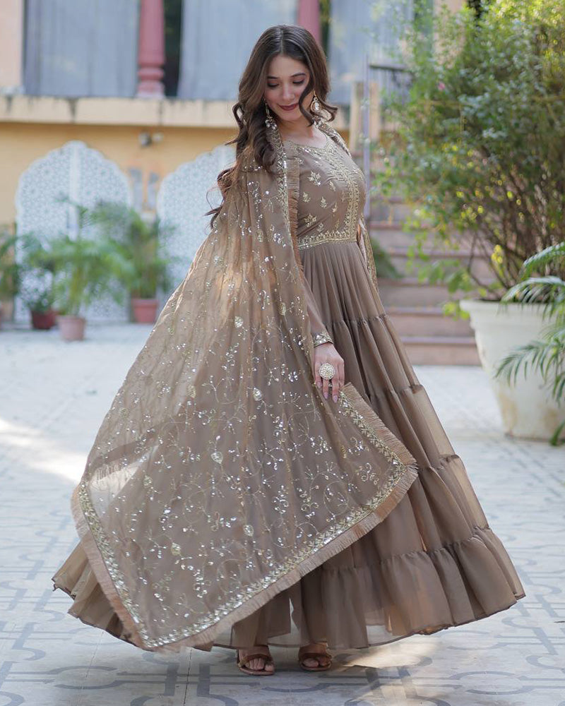 Brown Color Star Georgette Gown With Embroidered Dupatta