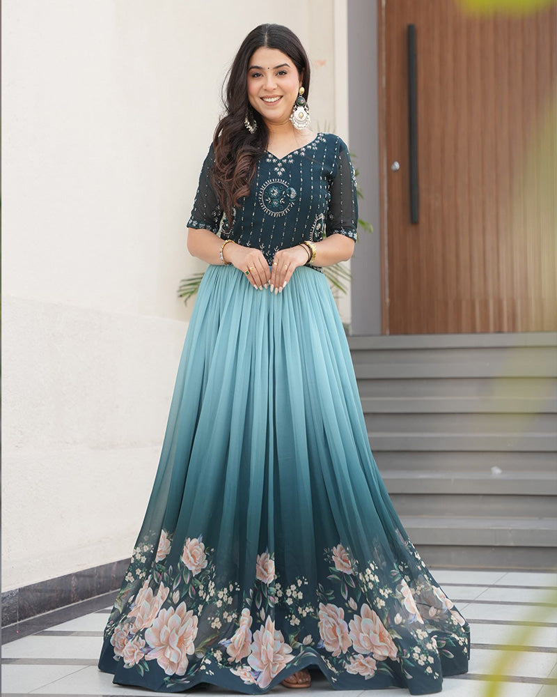 Rama Color Faux Blooming Embroidered work Gown