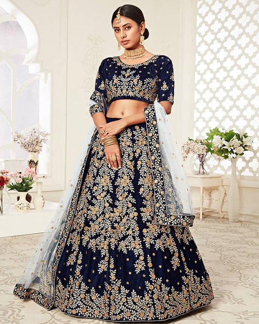Navy Blue Color Pure Velvet Embroidered Lehenga Choli
