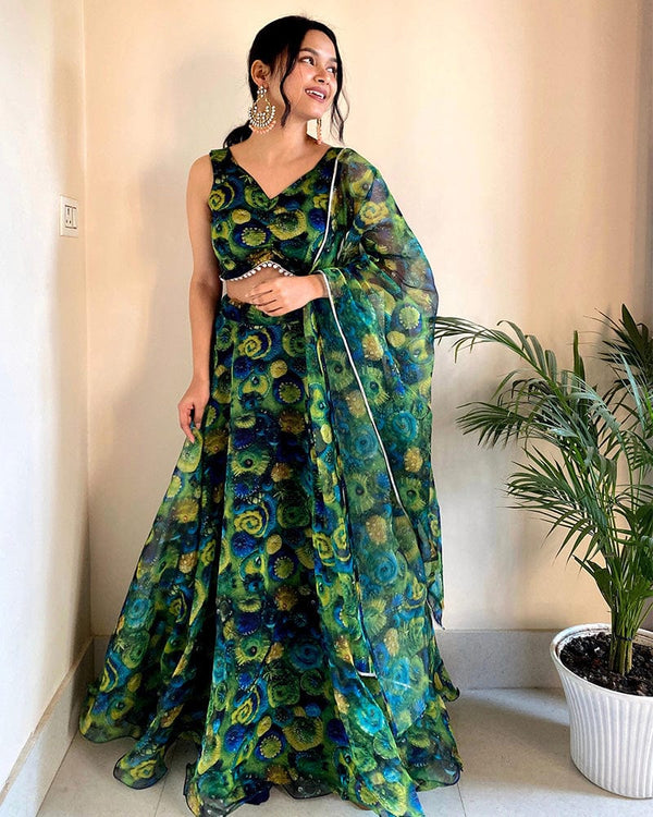 Yellow And Green Color Pure Organza Full Stitched Lehenga Choli