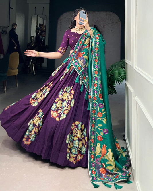 Purple Color Tussar Silk Printed With Foil Work Lehenga Choli