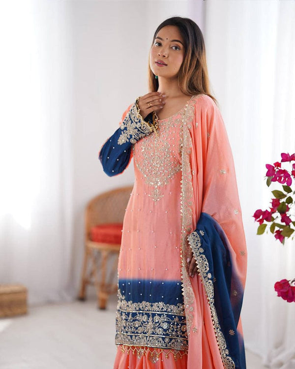 Peach Color Chinnon Sequence Work Plazzo Suit