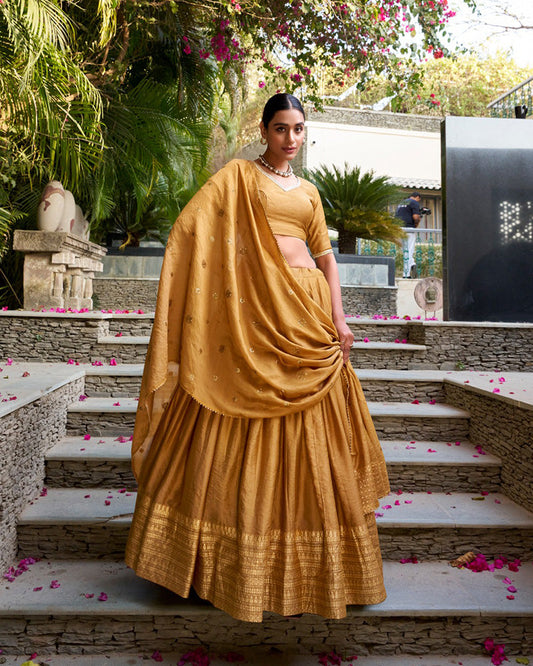 Mustard Color Pure Chanderi Plain Navratri Lehenga Choli