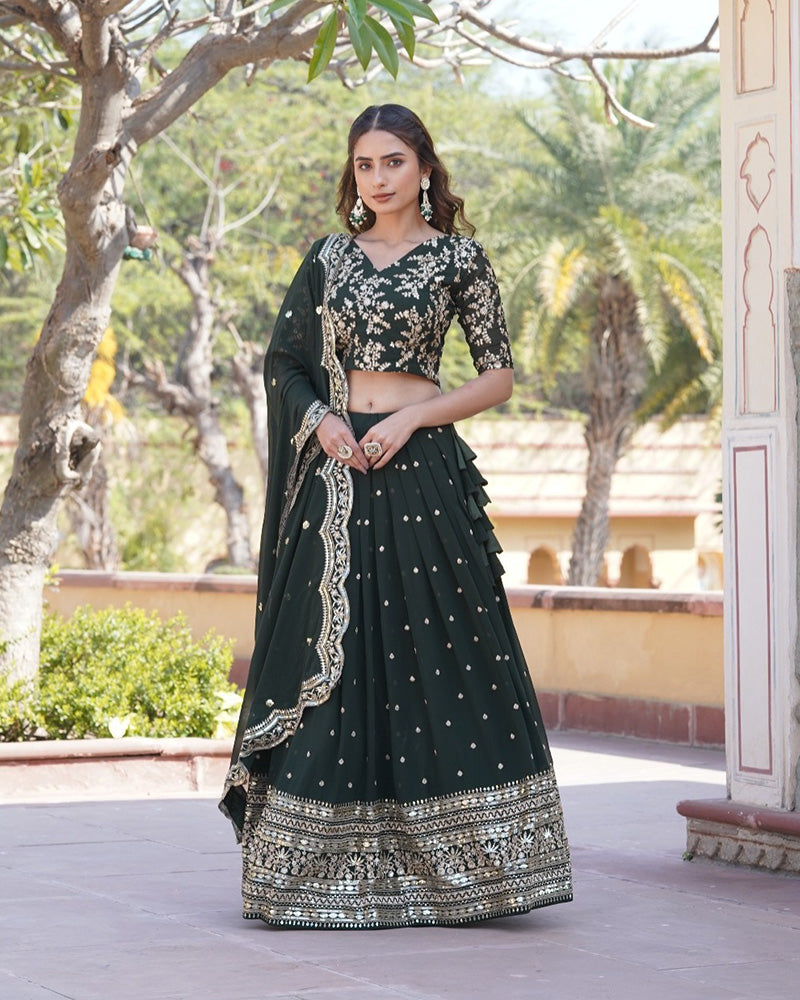 Wedding Wear Dark Green Color Designer Blooming Semi stitched Lehenga Choli