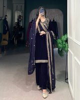 Navy Blue Color Velvet Three Piece Kurti Suit