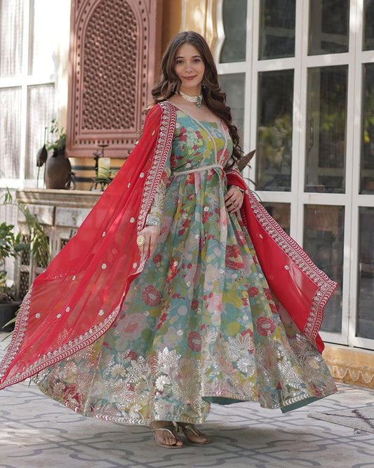 Lime Green Color Alia Cut Embroidered Gown With Dupatta