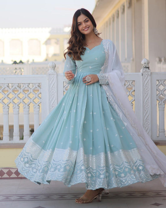 Exclusive Pista Color Georgette Gown With Dupatta