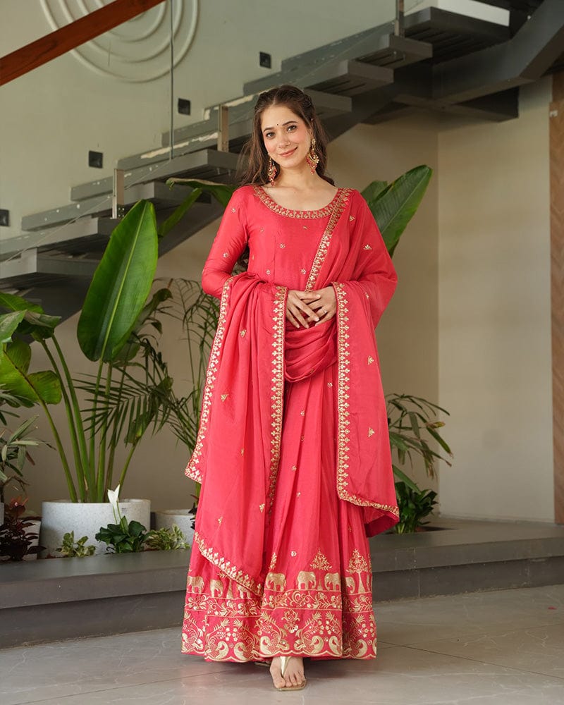 Peach Color Chinon Silk  Sequins Embroidered Gown