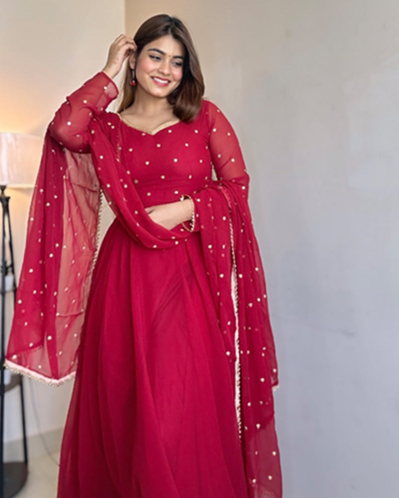 Kanak Mishra In Maroon Color Georgette Anarkali Three Piece Suit
