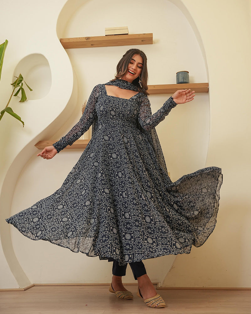 Navy Blue Color Georgette Three Piece Anarkali Suit