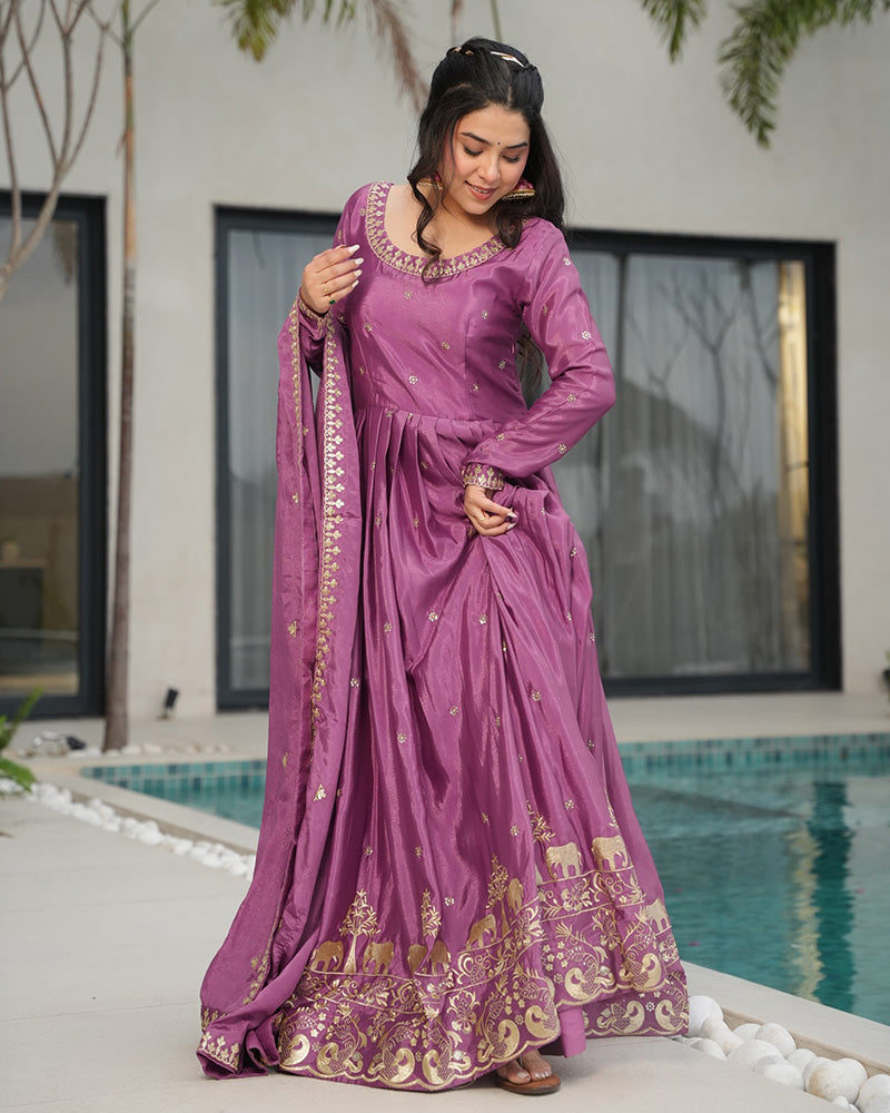 Onion Color Chinon Silk  Sequins Embroidered Gown