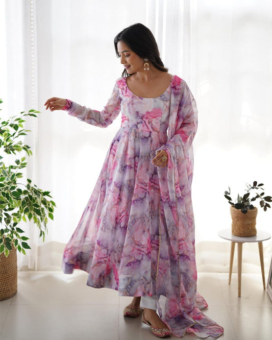 Printed Pink And White Kali Pattern Organza Silk Three-Piece Anarkali Suit