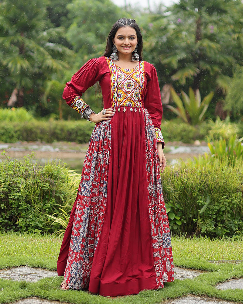 Maroon Color Rayon Gamthi Work Navratri Gown