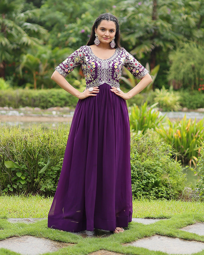 Purple Color Faux Blooming Embroidered Gown