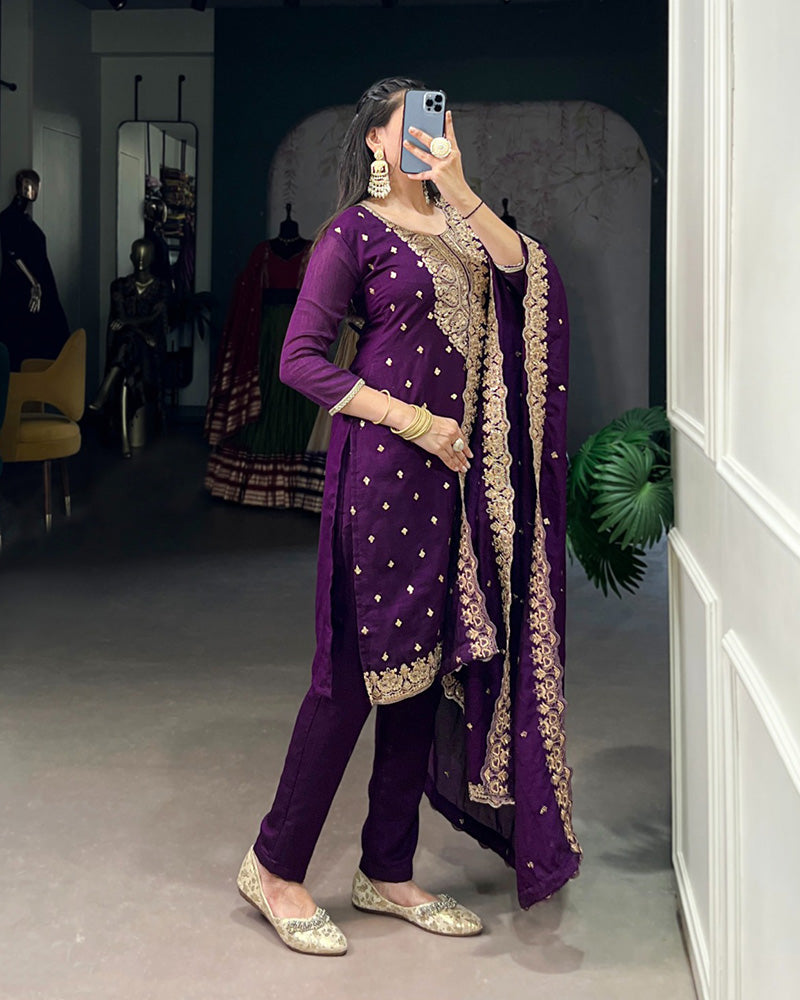 Purple Color Vichitra Silk Embroidered Three Piece Kurti Suit