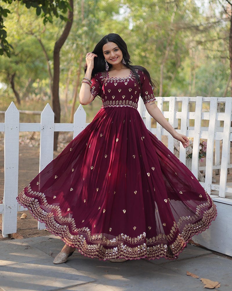Reddish Maroon Color Faux Blooming Embroidered Gown