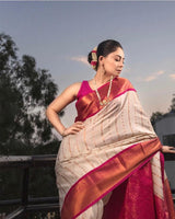 Pink And white Banarasi Soft Silk Saree