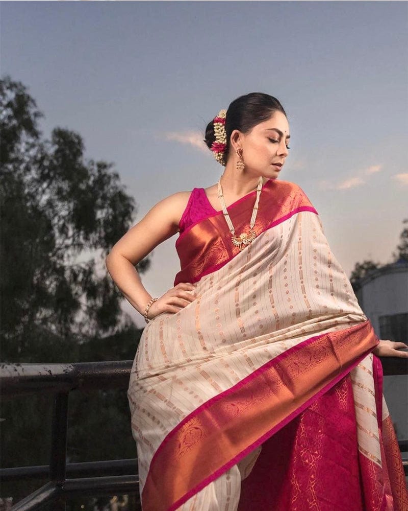 Pink And white Banarasi Soft Silk Saree