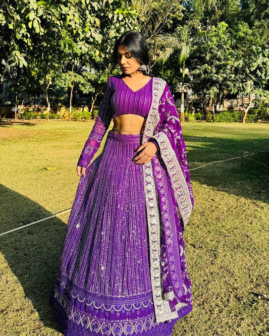Purple Color Georgette Heavy Embroidery Semi Stitched Lehenga Choli