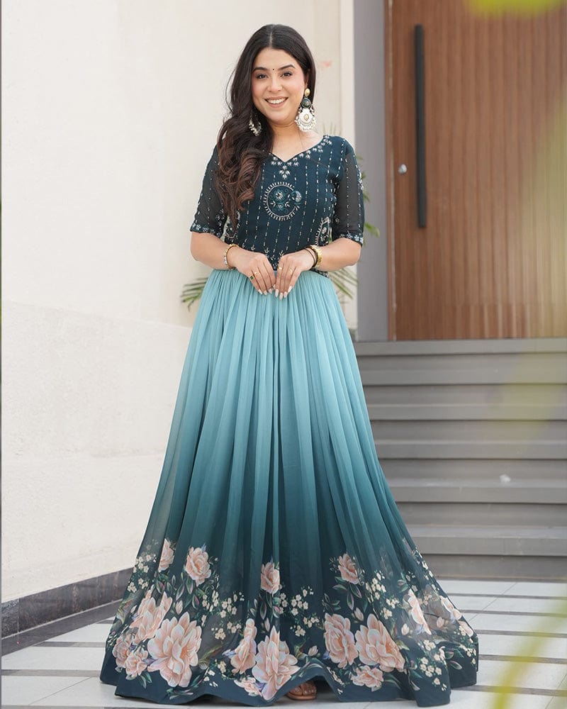 Rama Color Faux Blooming Embroidered work Gown
