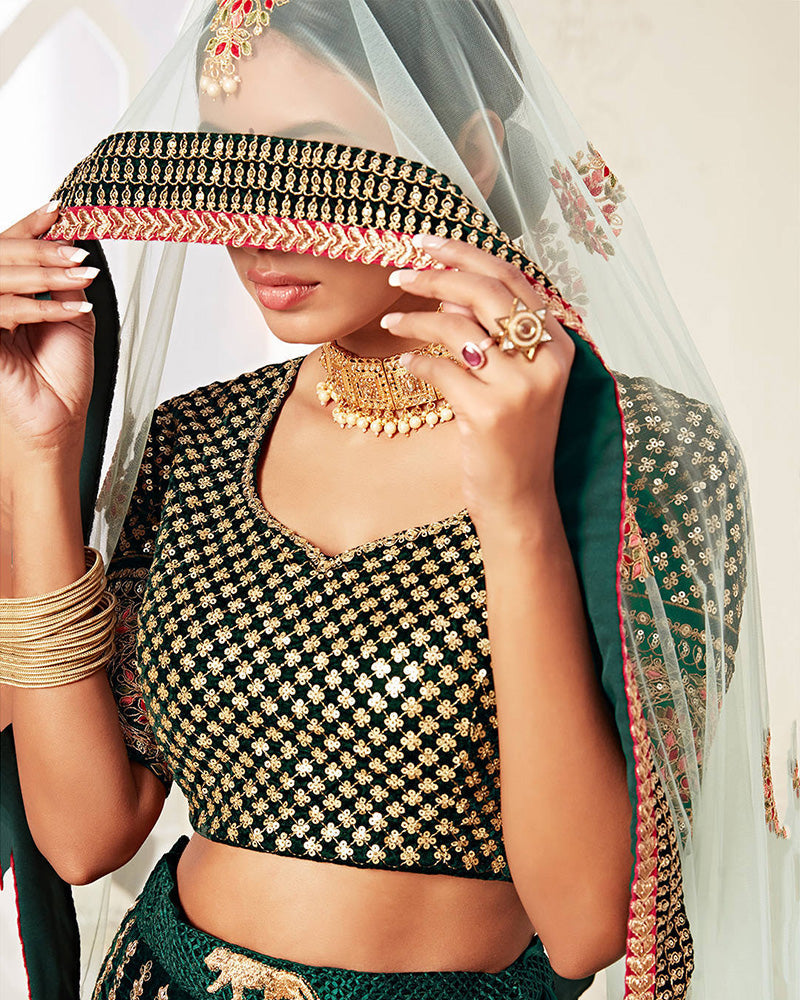 Dark Green Color Pure Velvet Embroidered Lehenga Choli