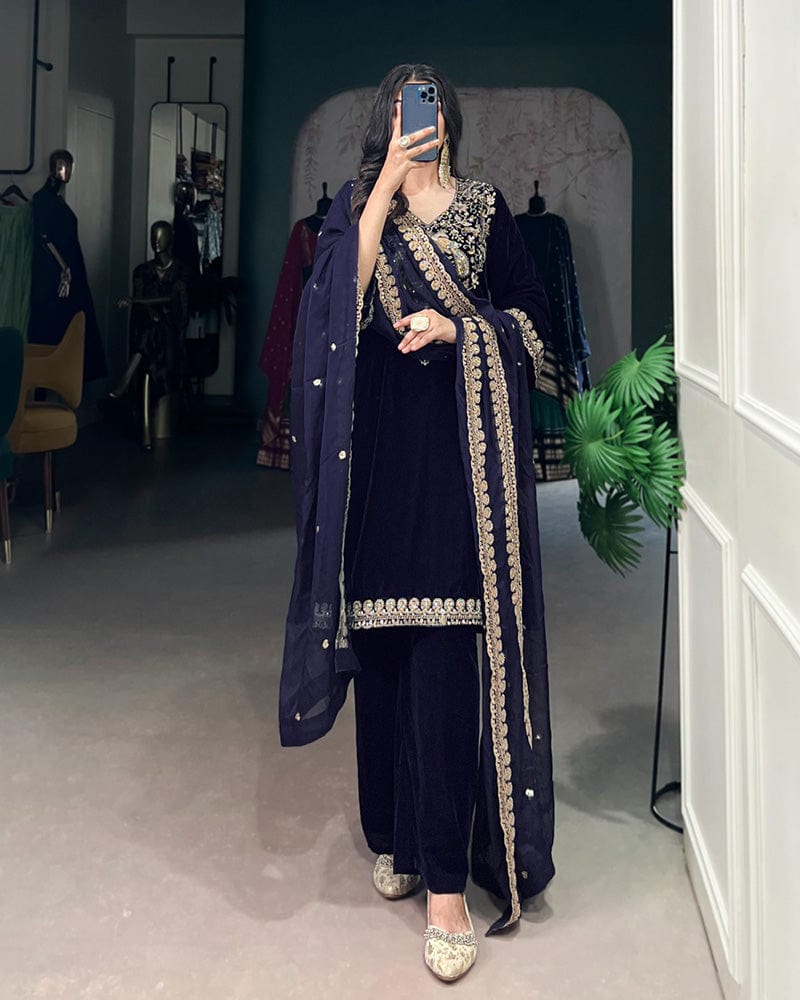Navy Blue Color Velvet Three Piece Kurti Suit