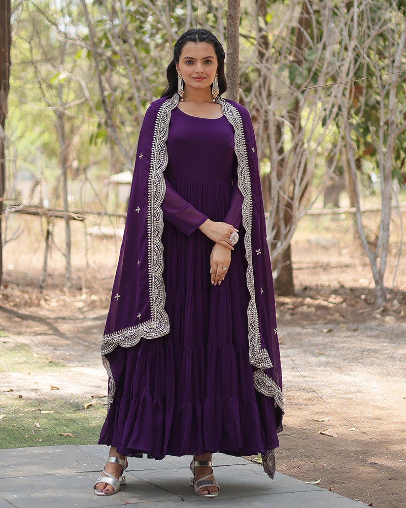 Purple Color Designer Embroidered Gown With Dupatta
