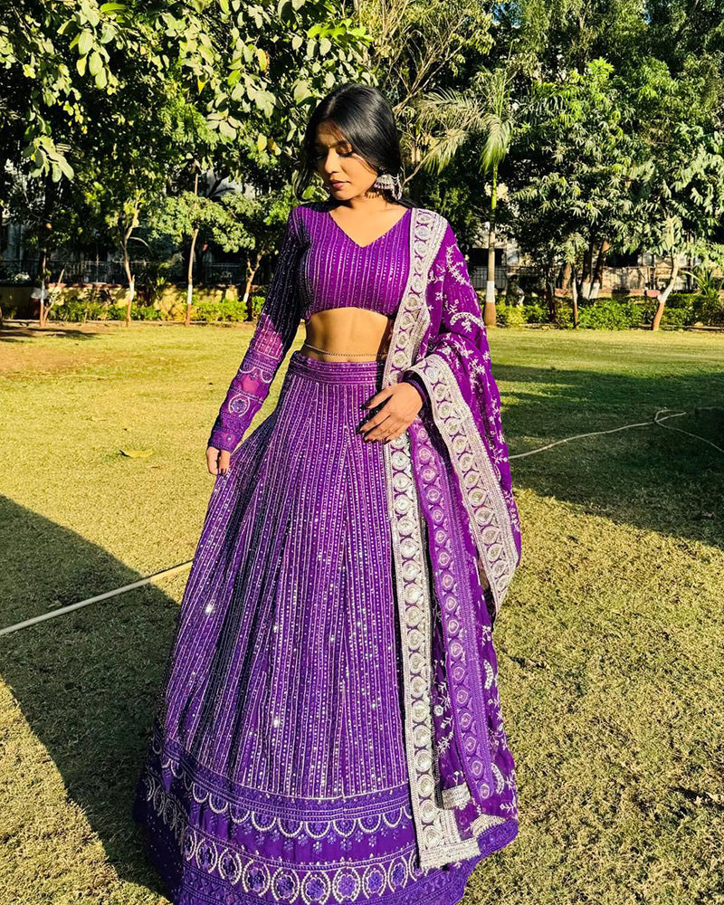 Purple Color Georgette Heavy Embroidery Semi Stitched Lehenga Choli
