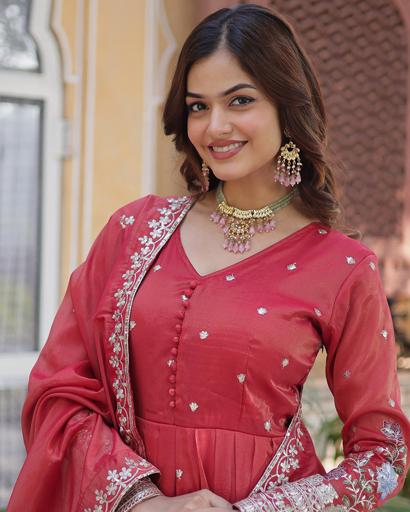 Tomato Color Embroidered Viscose Cosmos Gown With Dupatta