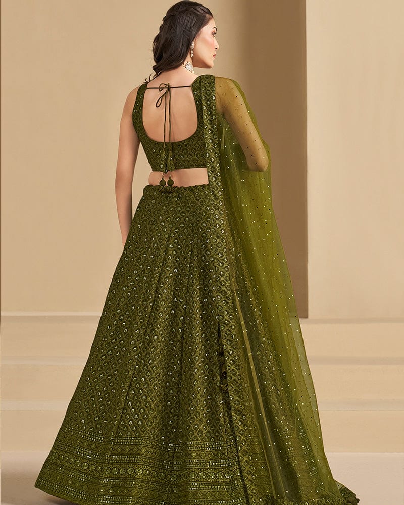 Mehndi Color Georgette Embroidered Lehenga Choli With Dupatta