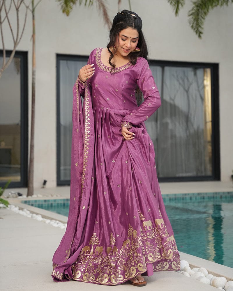 Onion Color Chinon Silk  Sequins Embroidered Gown