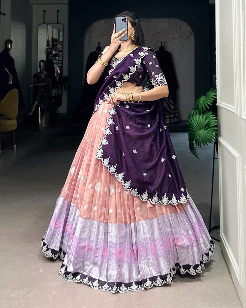 Peach Color Zari Kota Embroidered Lehenga Choli