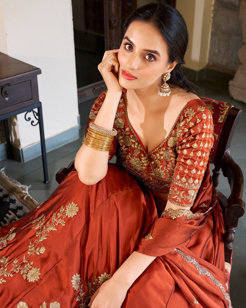 Rust Orange Color Rangoli Silk Embroidered Lehenga Choli
