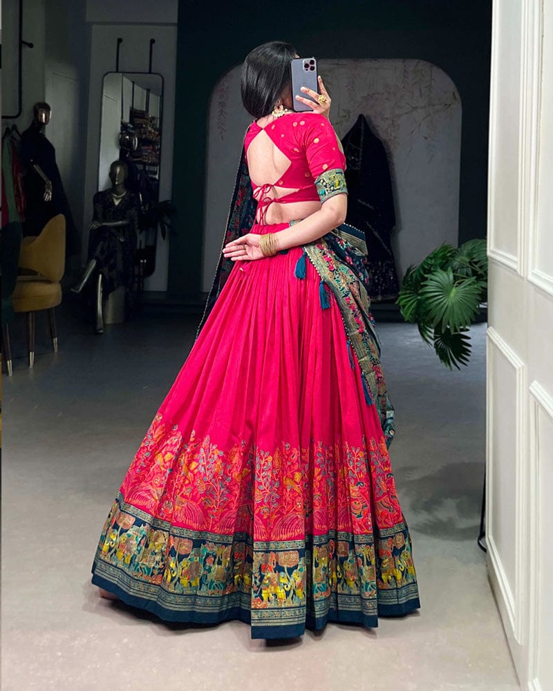 Pink Color Tussar Silk Printed With Foil Work Lehenga Choli