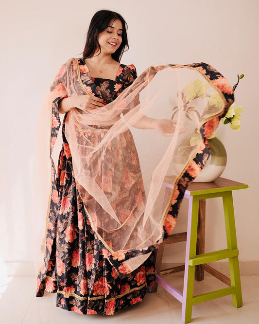 Orange And Black Color American Silk Lehenga Choli