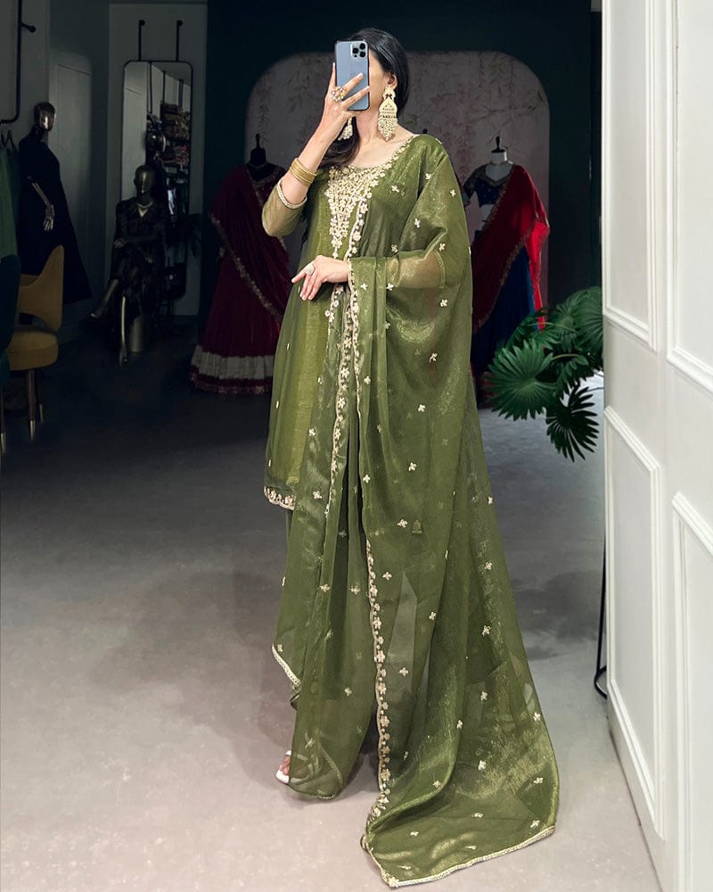 Olive Green Color Gold Coin Three Piece Kurti Suit