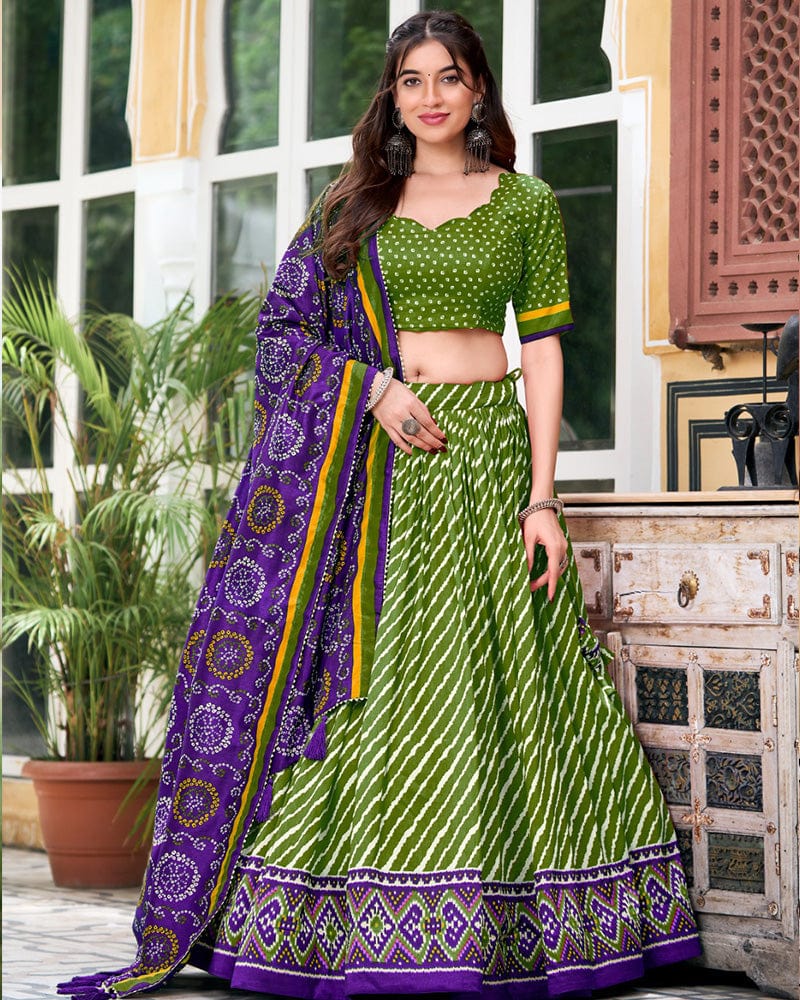 Green Color Tussar Silk laheriya Printed Navratri Lehenga Choli