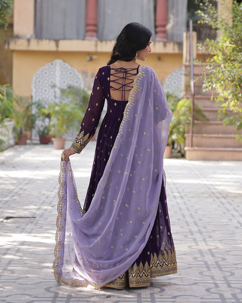 Dark Purple Color Floor Length Gown With Embroidered Dupatta