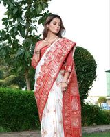 Red And White Banarasi Weaving Cluster Soft Silk Saree